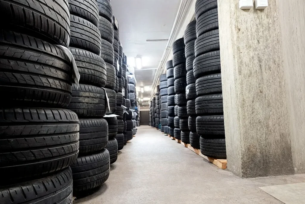 Autotarvikkeen rengashotellin käytävällä renkaita säilytyksessä.