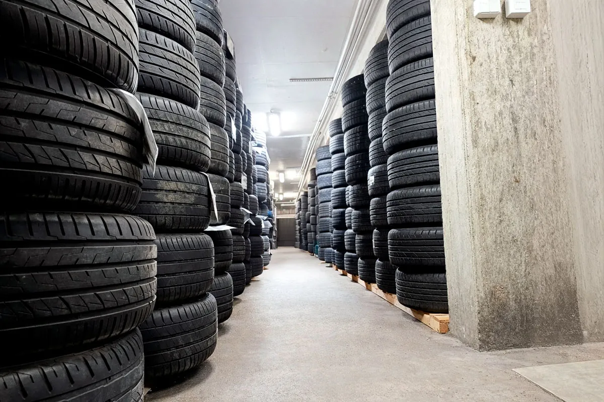 Autotarvikkeen rengashotellin käytävällä renkaita säilytyksessä.